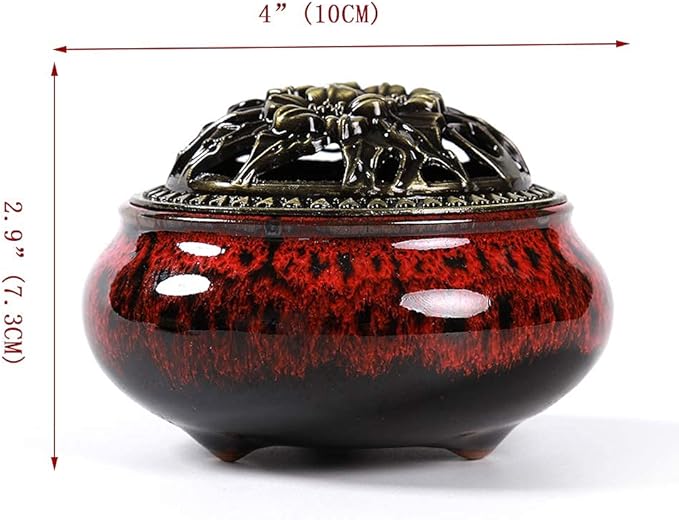 Incense Burner with Calabash Incense Stick Holder - Porcelain Charcoal Censer for Use with Resin Granular Powder Cone or Coil Incense (Fambe Red)