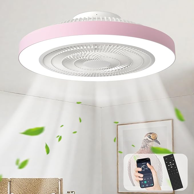 Depuley Bedroom Ceiling Fan with Light: 19" Modern LED Flush Mount Low Profile Ceiling Fans with Remote & Smart APP Control - Pink Enclosed Bladeless Fandelier Dimmable Quiet DC Motor for Kids Room