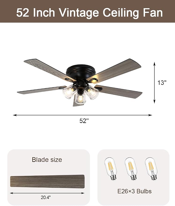 52 Inch Flush Mount Farmhouse Ceiling Fan with Lights and Remote | Rustic Fandelier Ceiling Fan, Low Profile Chandelier, 5 Dual Blade, for Bedroom Living Room, Reversible DC Motor 6 Speeds
