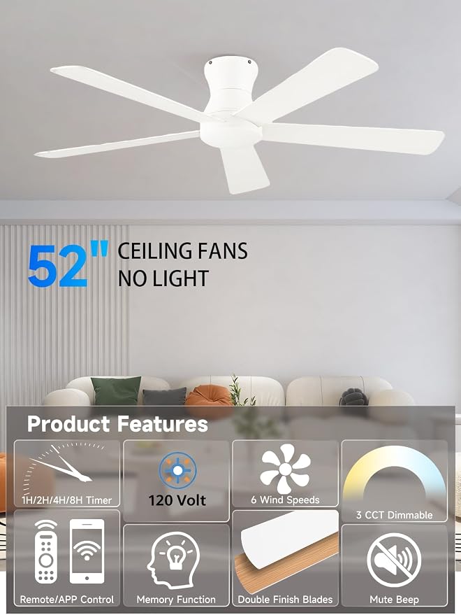 Carrefour 48 Inch White Ceiling Fan No Light, Flush Mount Low Profile Ceiling Fans, Reversible DC Motor 6-Speed Outdoor Ceiling Fan Without Light for Farmhouse Bedroom Covered Patio