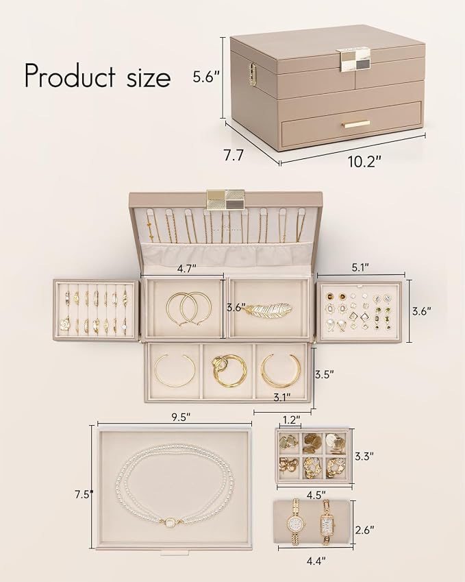 VLANDO 3 Layer Jewelry Box - Women Jewelry Box with Retractable Tray - Jewelry Organizers with Drawer for Necklaces, Rings, Bracelets, Earrings, Gift for Couples Mom Girls - Toffee