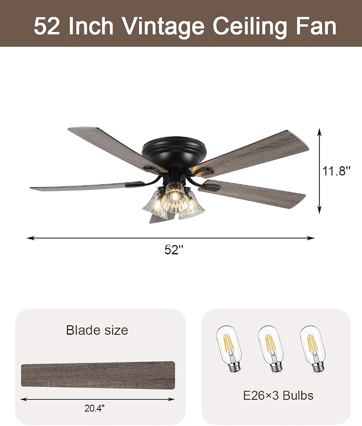 52" Flush Mount Farmhouse Ceiling Fan with Lights and Remote, Rustic Vintage Ceiling Fan Antique Fandelier 3-Lights 5 Reversible Blades Chandelier for Bedroom Living Room Dining Room