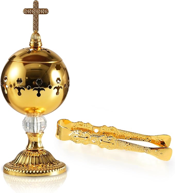 Traditional Incense Burner – Gold Charcoal Censer with Clip – Aromatherapy Resin Holder for Church, Meditation, Yoga, and Home
