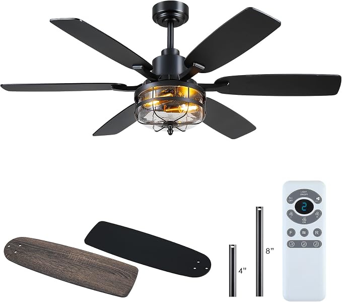 Hounberi 52" Farmhouse Ceiling Fan with Light and Remote, Black Industrial Caged Ceiling with Seeded Glass, 6-Speed Reversible DC Motor, Dual Finish 6 Blades, Black Ceiling Fan for Living Room Bedroom