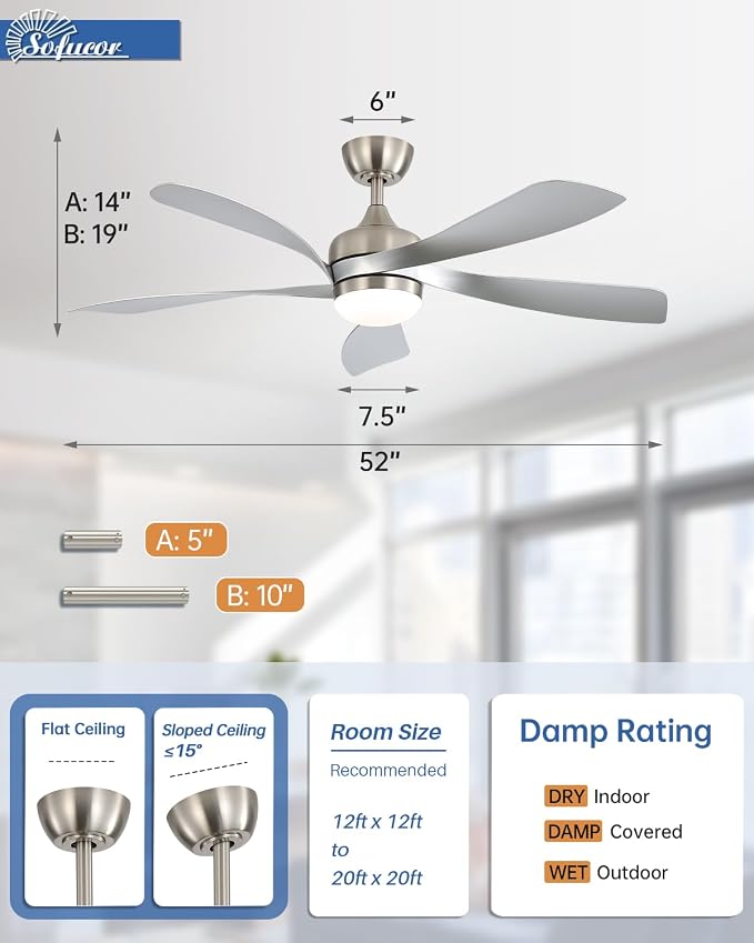 Sofucor 52" Smart Ceiling Fan, Indoor/Outdoor Ceiling Fans with Lights and Remote, Compatible with Alexa/Google/App, 3-Color Light 6-Speed Timing Reversible DC Motor for Bedroom Living Room Patio