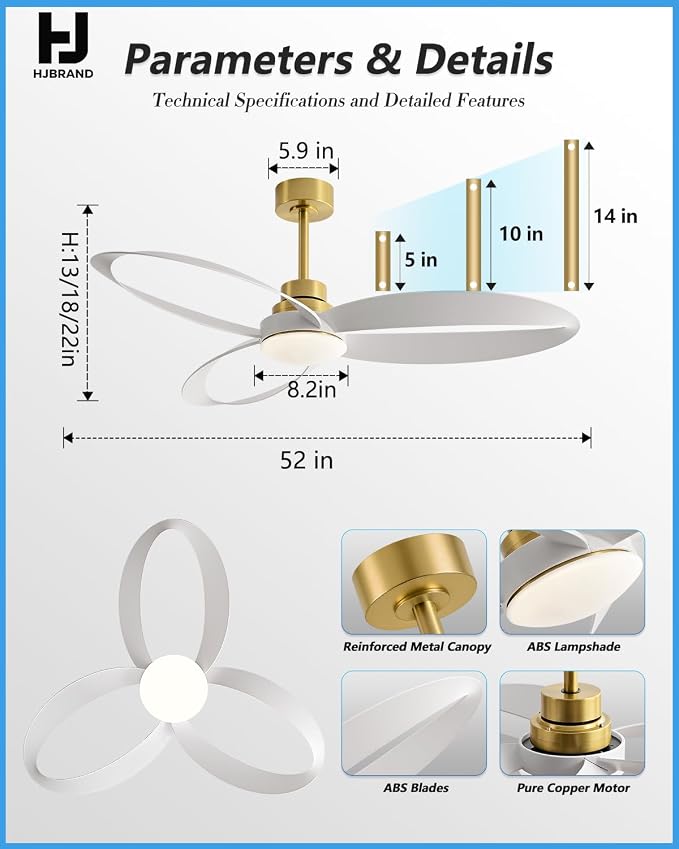 52" Ceiling Fan with Lights and Remote,Modern Ceiling Fan Gold, 6 Speed, Reversible, 3000k-6000k LED, Quiet DC Motor for Indoor Outdoor Bedroom Living Room Patio