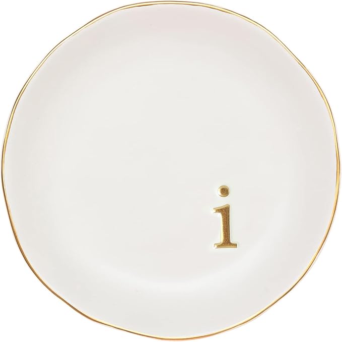 COLLECTIVE HOME Ceramic Jewelry Tray, Trinket Dish, Gifts for Women (I) | Mother's Day, Birthday, Christmas, Engagement Gifts, Vanity, Nightstand Decor, Embossed Gold Monogram Ring Dish with Gift Box