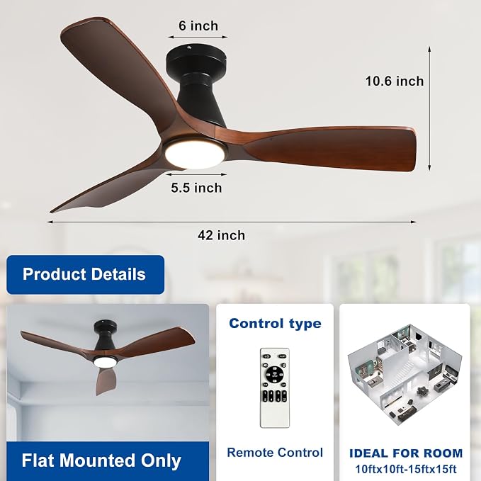 Depuley 42-Inch Ceiling Fans with Lights: Walnut 3 Blade Flush Mount Low Profile Ceiling Fan for Bedroom - Dimmable Indoor Outdoor Fan with Remote Control Ultra Quiet DC Motor Timer
