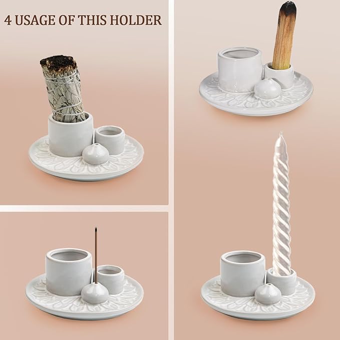 4 in 1 Incense Burner Holder,Sage Holder for Burning,Palo Santo Holder,Candle Holder,Ceramic Incense Burner Ash Catcher Tray for Meditation Yoga Room
