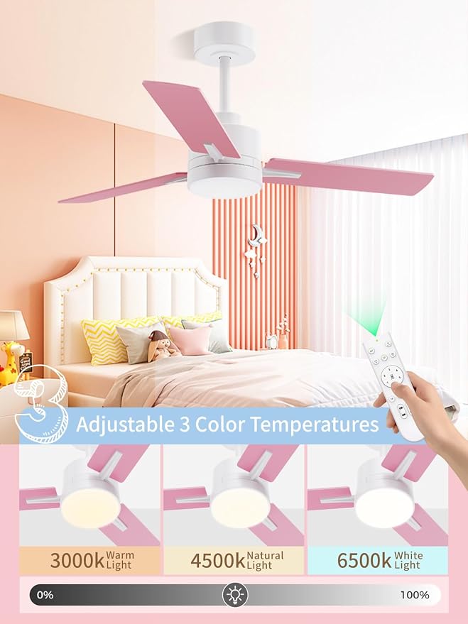 LANMEL 42'' Ceiling Fan with Lights and Remote, Pink Blue Ceiling Light for Kids Room, Modern Ceiling Fan for Boys Girls, 6 Speed, Reversible, 3000k-6000k LED, Quiet DC Motor for Indoor Outdoor