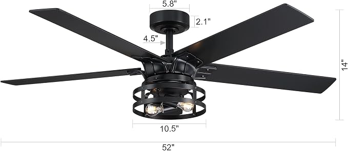 52 Inch Ceiling Fans with Lights and Remote Control, Quiet Reversible Motor, 5 Reversible Double-Sided Retro Industrial Blades Farmhouse Ceiling Fan for Bedroom Living Room Patio