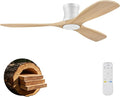 52” Wood Ceiling Fans with Lights Remote,Low Profile Flush Mount Ceiling Fan with Light,Outdoor Indoor Modern Ceiling fans for Bedroom Living room Patio,Light Wood&White,3 Blades,Dimmable LED,Quiet
