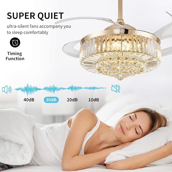 48 Inch Fandelier Ceiling Fans with Light, Chandelier Ceiling Fan, Retractable Crystal Ceiling Fan for Bedroom, Living Room, 3 Color Change, LED Dimmable, 6 Speeds, Reversible DC Motor-Gold