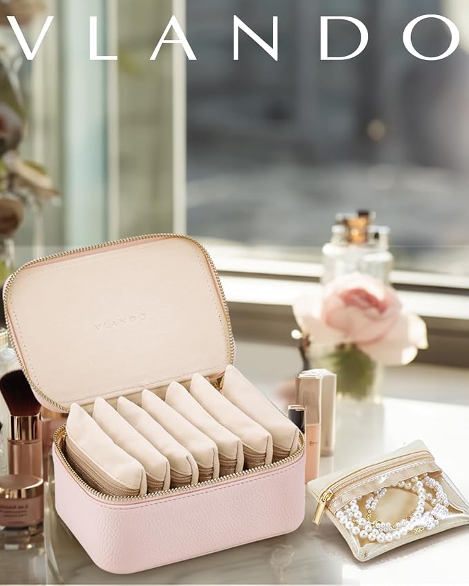VLANDO Jewelry Travel Case,Gifts for Women,Travel Jewelry Organizer with Clear Velvet Jewelry Bags 8Pcs Zipper Pouch for Women Girl Gift-Pink