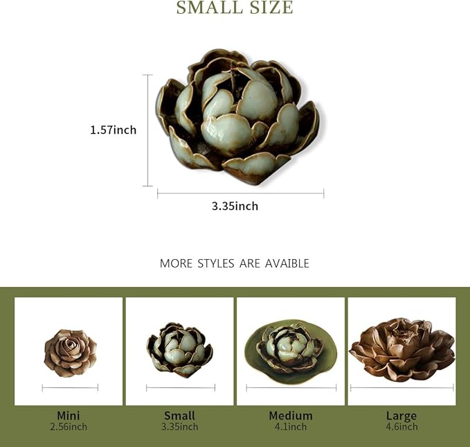 Collectible Handmade Chinese Ceramics, Medium Peony Ceramic Incense Stick Holder, Handicraft Flower Lotus Incense Burner Bowl Ash Catcher Inscent Tray for Home Decor and Gift, 2.55 Inch, Green