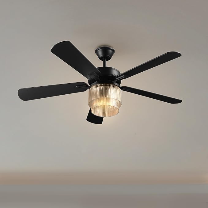 52" Matte Black 2-Light Indoor/Covered Outdoor Ceiling Fan with Glass Shade and Remote Control | WhisperQuiet DC Motor, 6 Speeds, Reversible Blades, Reversible Airflow, Remote Included, Bulbs Sold Separately