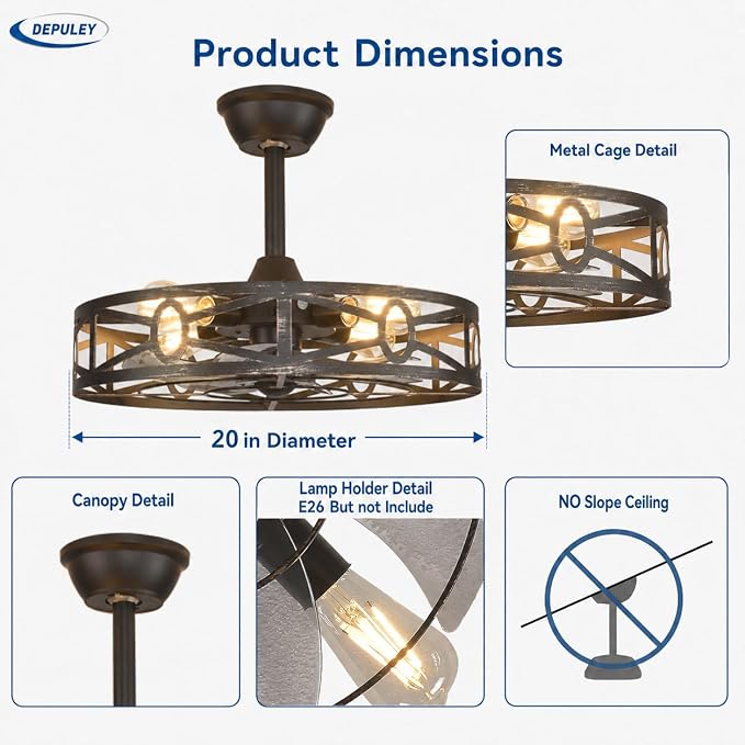Depuley Caged Ceiling Fans with Light: 20-Inch Bronze Metal Enclosed Farmhouse Fandelier for Kitchen Bedroom - Industrial Semi Flush Mount Ceiling Fan with Remote 6 Speeds Reversible Motor Timer