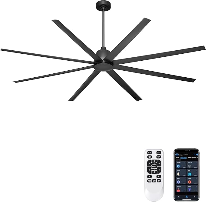 96" Industrial Ceiling Fan No Light, Large Ceiling Fan with Remote/APP Control, Outdoor Ceiling Fans with 8 Blades, DC motor for Commercial Shop Garage Warehouse Black Without Light