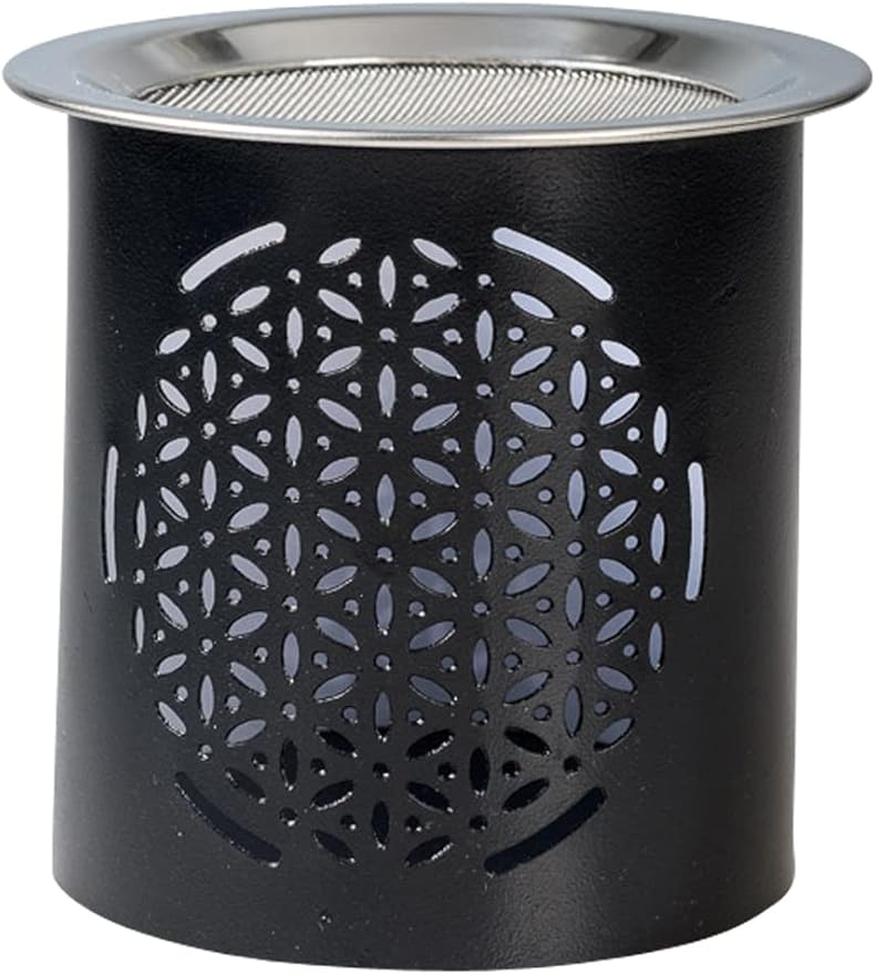 Black Iron Incense Warmer with Flower of Life Motif - Handmade, Strainer for Smoking with Tea Light, 8 cm Height - Aromatherapy Warmer for Mediation and Spiritual Atmosphere