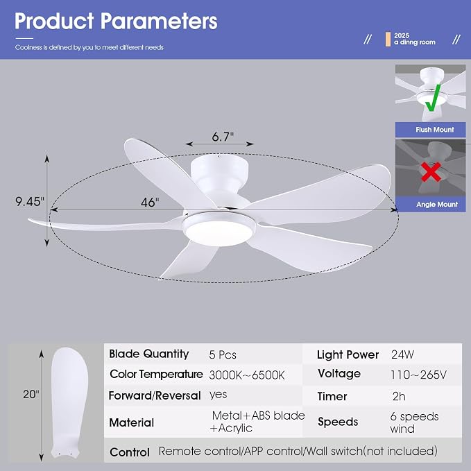 Kviflon 46 Inch Modern Ceiling Fans with Lights, Flush Mount Ceiling Fan with Light and Remote/APP Control, 5 Reversible 6 Speeds Curved Blades, 3 CCT Dimmable Lights for Bedroom, White