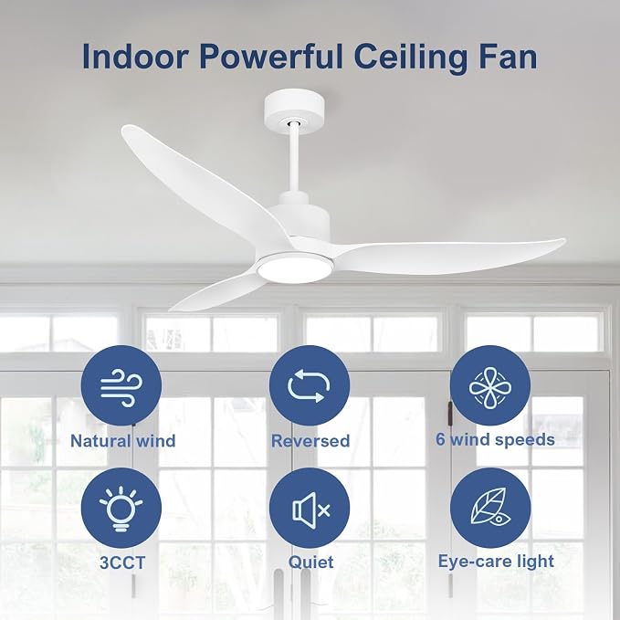 52 Inch Quiet White Ceiling Fan with Lights and Remote, Morden 3 Blades Large Airflow Ceiling Fan, Dimmable LED Light for Bedroom, Living Room