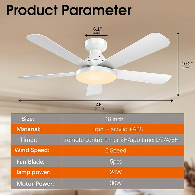Ceiling Fans with Lights, 46" Low Profile Ceiling Fan with Light, Remote/App Control, Flush Mount Ceiling Fan for Bedroom, Indoor/Outdoor (White)