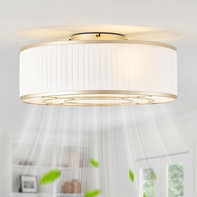 Boho Ceiling Fan with Light Flush Mount, 20" Gold Caged Ceiling Fan with Lights Remote Control, Bladeless Ceiling Fans 6 Speeds for Bedroom, Living Room, Nursery