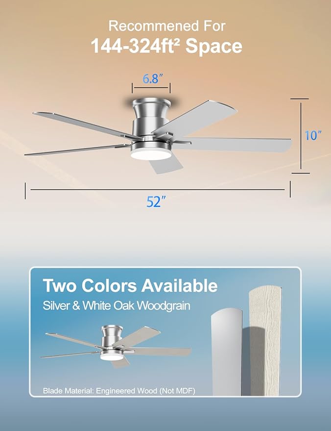 Ceiling Fans with Lights 52 Inch, Flush Mount, Remote Control, 3CCT Dimmable, 6 Speeds, Quiet Reversible DC Motor, Low Profile Silver Nickel Ceiling Fan for Bedroom, Living Room, Indoor/Outdoor, ETL