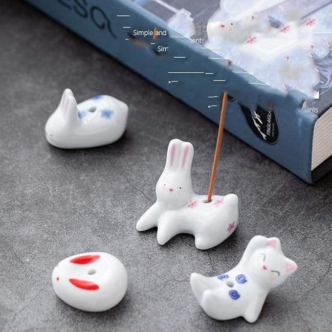 Opexicos 4Pcs Rabbit Cat Ceramic Incense Holder Cute White Animals Incense Sticker Holder Fun Home Decorative Ornaments for Home Room Decoration Yoga Spa Meditation