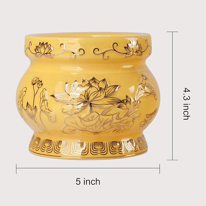 Qinlang Small Yellow Ceramic Buddhist Incense Burner Bowl, Buddha Incense Holder for Stick - 5 Inches