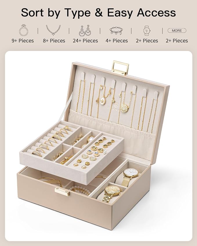 VLANDO Jewelry Organizer,2 Layer Jewelry Box Large Jewelry Organizer for Women Removable Jewelery Tray with Watch Pillow for Necklace Earrings Rings Bracelets (Toffee)