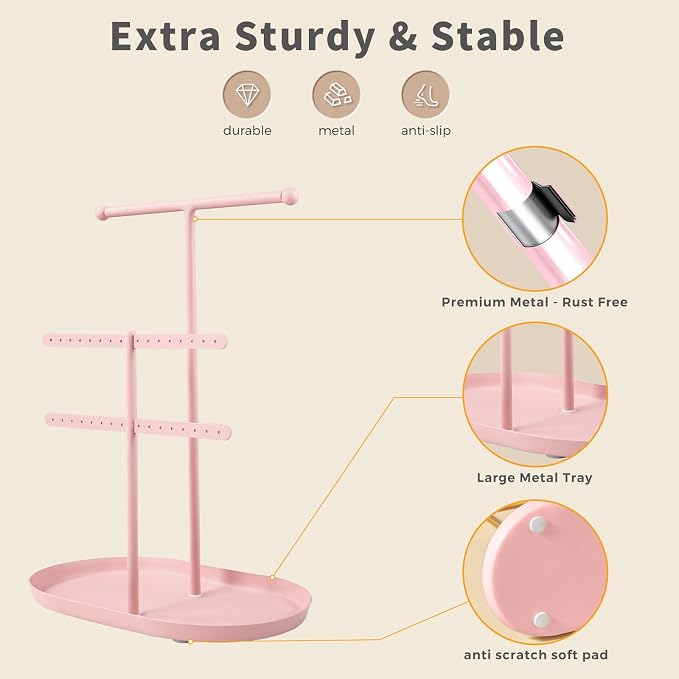 Saydear 3-Tier Jewelry Organizer Stand, Earring Holder Necklace Tree | Pink Metal Earring Rails With Top Necklace Bar, Oval Tray Base, Ideal Vanity Dresser Decor, Gift For Her