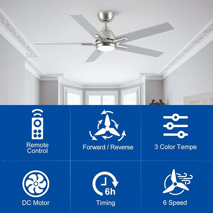 52 Inch Downrod Brushed Nickel Ceiling Fan with Light & Remote, ETL Listed | 6 Speed, Quiet DC Motor, 3-Level Timer Function, 3 Color Temperature, Forward/Reserve For all Seasons, Indoor/Covered Outdoor
