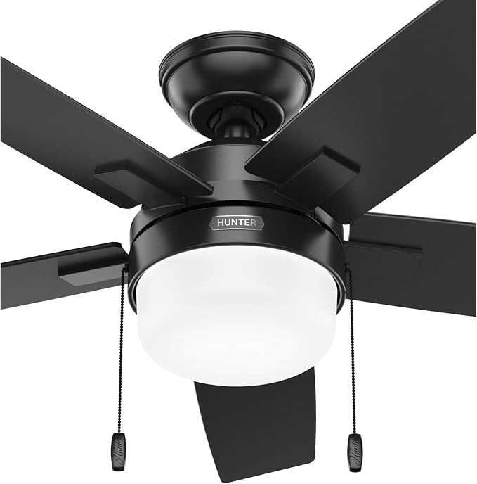 Hunter Anisten, Indoor, Ceiling Fan, with LED Light, 44 inch, Matte Black | Standard Mount, Pull Chain, 5 Blades, For Bedroom, Living Room, Includes Bulbs, 52486