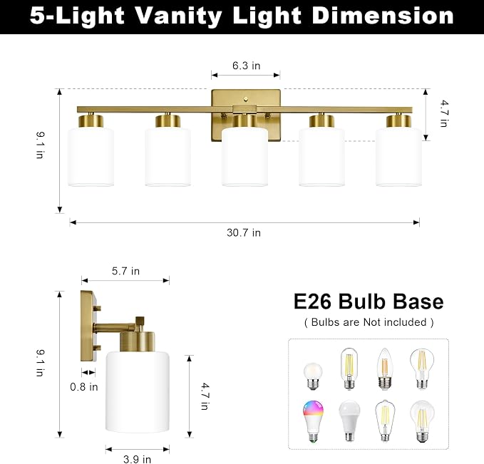 FonmYim Brushed Gold Bathroom Light Fixtures, 5-Light Modern Vanity Light Over Mirror, Wall Sconces with Milky White Frosted Glass Shades, E26 Socket (Bulbs Not Included)