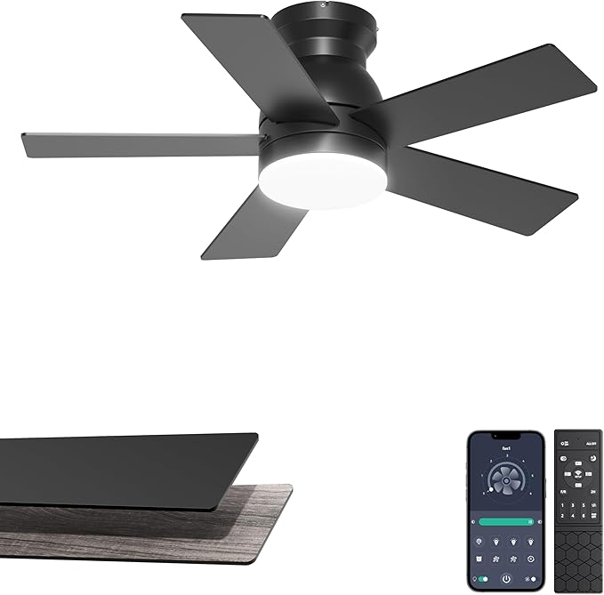 32'' Black Flush Mount Ceiling Fan with Light for Hallway, Closet | Quiet DC Motor, Low Profile, 3CCT Dimmable, Modern Small Room Ceiling Fan with App/Remote Control