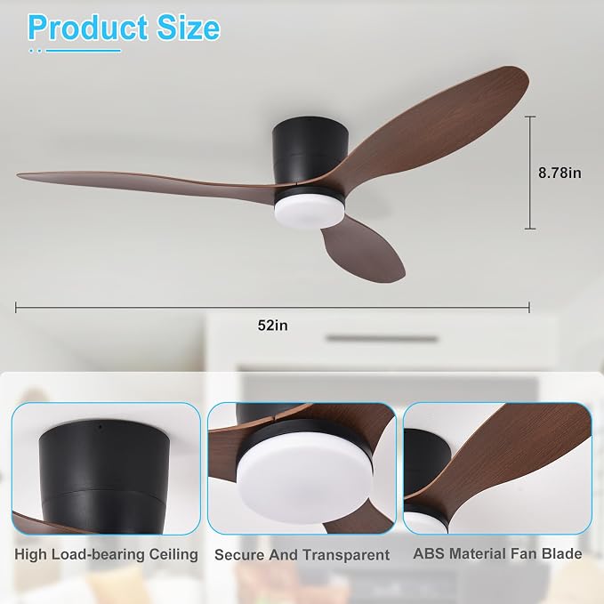 Depuley Flush Mount Ceiling Fan: 52-Inch Black Ceiling Fans with Lights for Bedroom Indoor Outdoor - Low Profile Ceiling Fans with Remote Control 24W 3CCT Dimmable 3 Reversible Walnut Blades 6 Speeds