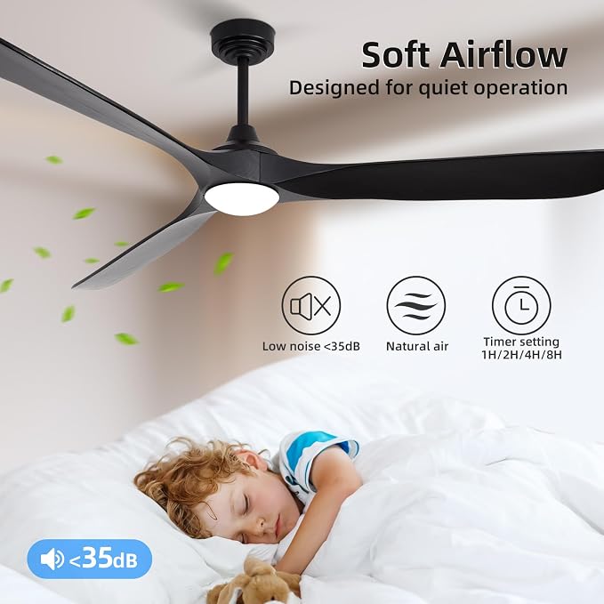 Ceiling Fan with Lights, 72'' Solid Wood Indoor/Outdoor Ceiling Fan with Quiet Reversible DC Motor, Compatible with Alexa/Google/App, 3CCT Dimmable, 6 Speeds Black Outdoor Fan for Patio Porch