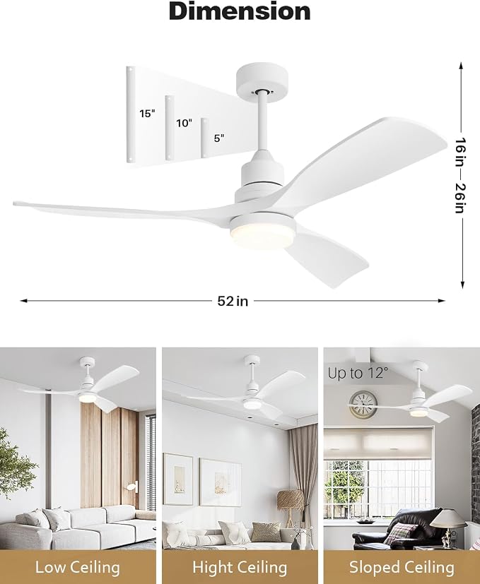 52 Inch Ceiling Fans with Lights Remote, White Ceiling Fans 3-Color Light, Timer, ETL Listed, 3 Downrods, 3 Blades, 6 Speed Modern Fan Quiet Reversible DC Motor for Patio Outdoor,52in,White