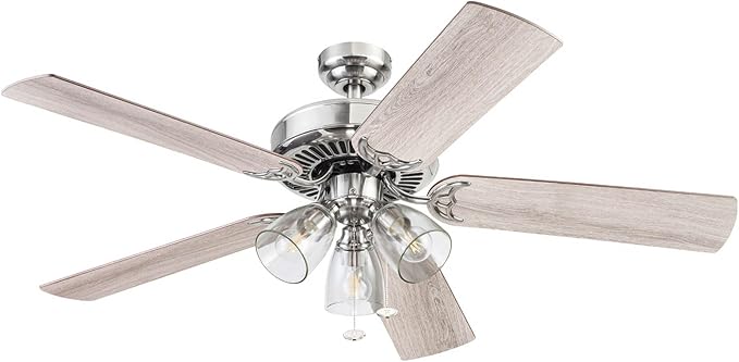 Prominence Home Saybrook Modern Farmhouse 52 Inch Ceiling Fan with Light, LED Ceiling Fan, Tri-Mount Indoor Fan with 5 Blades, Gray Oak and Brown Walnut Blade Finish Options, Matte Nickel (51592-01)