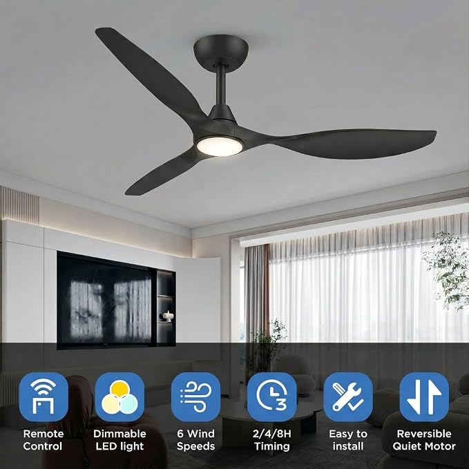 Roomratv Ceiling Fans with Lights, 52 Inch BLack Ceiling Fan, Remote Control,Quiet Reversible DC Motor,Dimmable,6 Speeds,Easy to Install,Modern Ceiling Fans for Bedroom,Living Room,Indoor,Outdoor