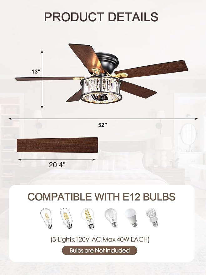 52 inch Flush Mount Ceiling Fan with Light Remote Control | Low Profile Crystal Chandelier Fandeliers 5 Reversible Blades Indoor Farmhouse Ceiling Fans for Bedroom Living Room Kitchen
