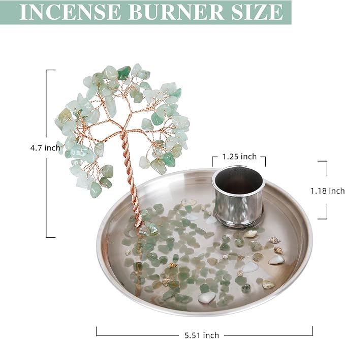 Incense Holder for Sticks, Anti-Ash Flying Incense Burner with Gemstone Money Tree Home Living Room Decorations Office Accessories for Women, Mothers Day Mom Gifts (Green Tree -14cm)