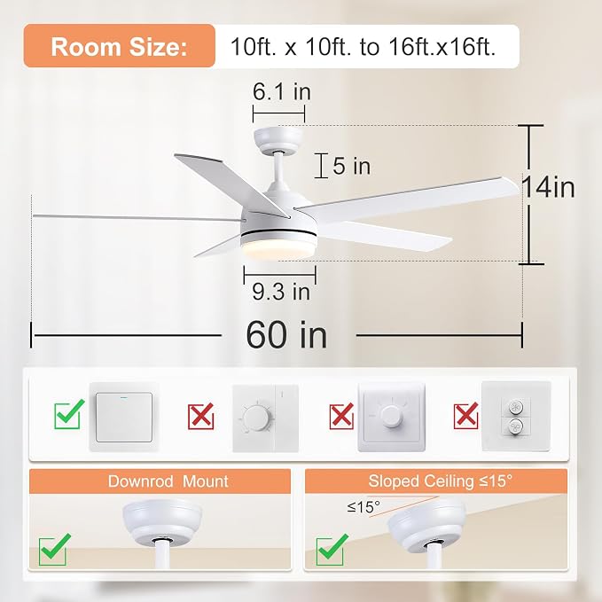 YUHAO 60 Inch White Ceiling Fan with Light and Remote Control.Noiseless,Dimmable,3CCT,6 Speeds Reversible, DC Ceiling Fans for Indoor or Covered Outdoor Use.ETL Listed