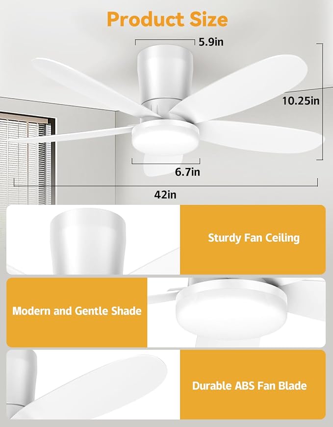 Ceiling Fans with Lights, Low Profile 42-Inch Modern White Small Ceiling Fan for Bedroom Indoor Outdoor - Dimmable Fans with Timer Remote Control Flush Mount Reversible 5 Blades 6 Speeds
