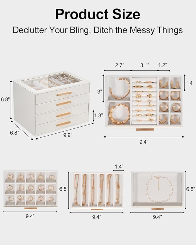 GUOER Jewelry Box for Women 4 Layers, Glass Lid Jewelry Organizer with 4 Drawers Cloud White PU Jewelry Storage Case for Necklaces Rings Earrings Bracelets Mother's Day