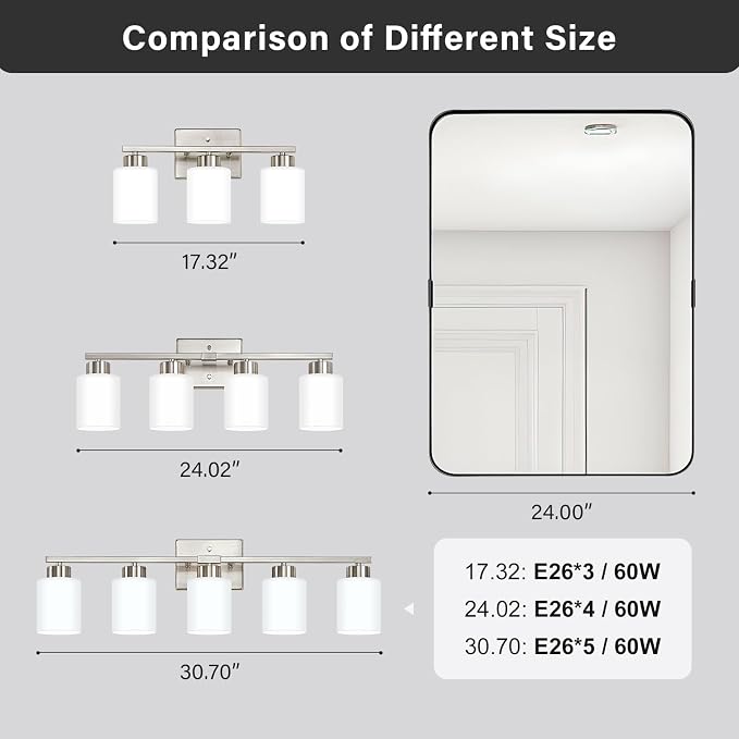 FonmYim Brushed Nickel Bathroom Light Fixtures, 4-Light Modern Vanity Light Over Mirror, Wall Sconces with Milky White Frosted Glass Shades, E26 Socket (Bulbs Not Included)