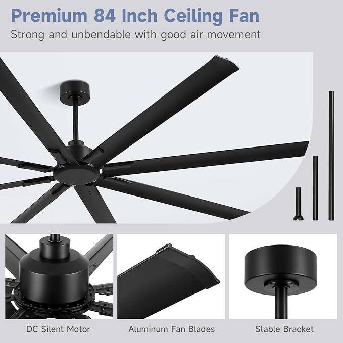 84-inch industrial ceiling fan, 6-speed garage ceiling fan with remote control, 8 aluminum blades, large ceiling fan with a quiet reversible DC motor suitable for garages, gyms, and offices.