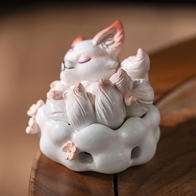 Cute Nine-Tailed Fox Decorative Incense Holder, Resin Sleeping Fox Figurine Cone Coil Incense Burner with Lid, Ash Catcher for Yoga Meditation Spa Home Office Aromatherapy Decor (White)