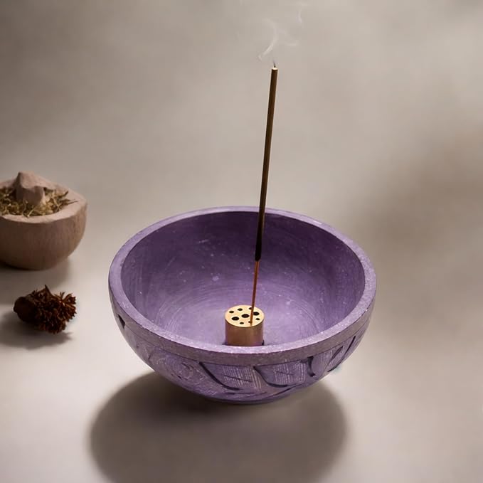 Natural Grey Marble Incense Holder Bowl – 5" Ash Catcher Burner for Meditation, Smudge, Palo Santo – 9-Hole Brass Insert Fits Most Incense Sticks.